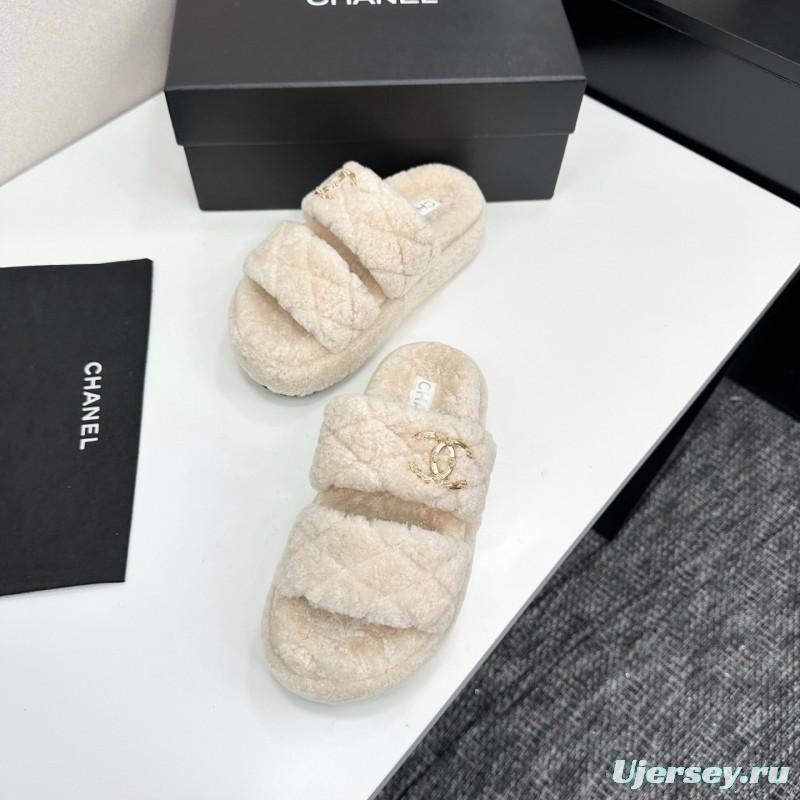 Chanel 2025 SS New Autumn Winter Lazy Sheep Genuine Wool Lazy Slippers Chanel Quilted Thick Sole Fur Slides - LY00300
