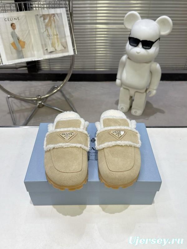 Prada Fall/Winter 2025 New Fur Mule Slippers with Triangle Buckle Bread Loaf Toe - KFY00270