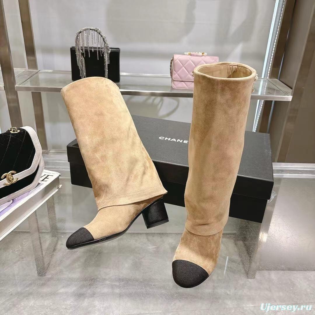 Chanel 2025/SS Small Fragrance Autumn Winter Runway Turned-Cuff Block Heel Straight Tube Boots Classic Color Block - LY00510