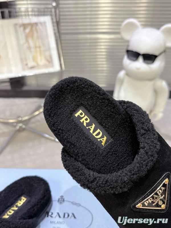 Prada 2025 Fall Winter New Fur Mule Slippers Triangle Buckle Bread Toe Half Slippers - KFY00270