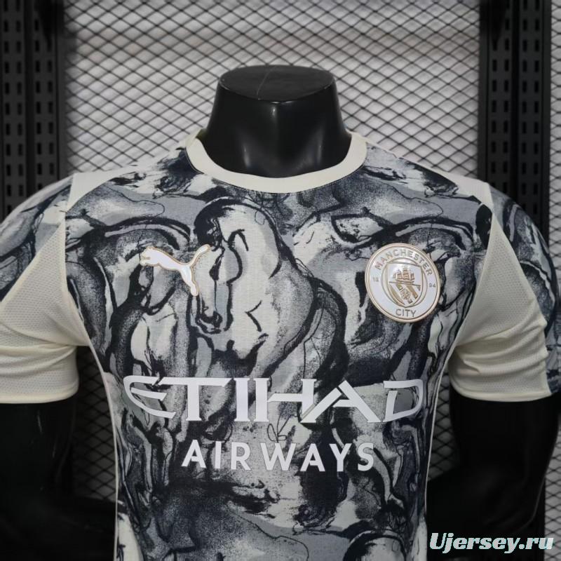 25/26 Player Version Manchester City White with Black Marble Abstract Art Pattern Jersey