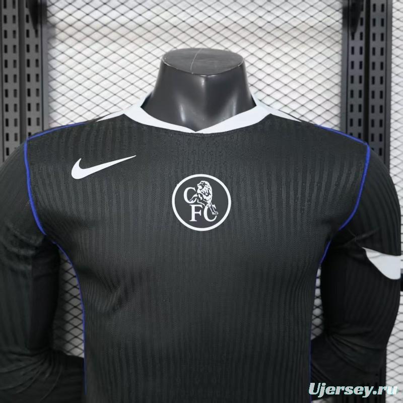 25/26 Player Version  Chelsea Away Dark Gray with Vertical Stripe Texture and Blue Piping Jersey