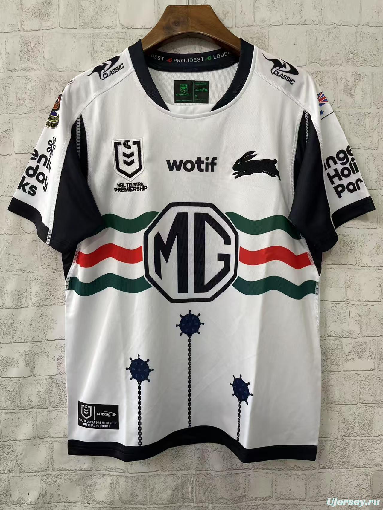 25/26 South Sydney Rabbitohs White with Green Red Stripes and Navy Mace Jersey