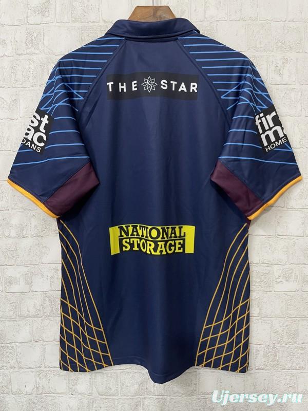 25/26 Brisbane Broncos Maroon with Blue Striped Sleeves and Gold Geometric Jersey