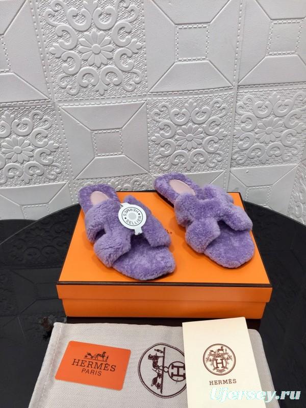 H Eiderdown Teddy Wool H Slippers Flat Sole Fur Slides - LY00240