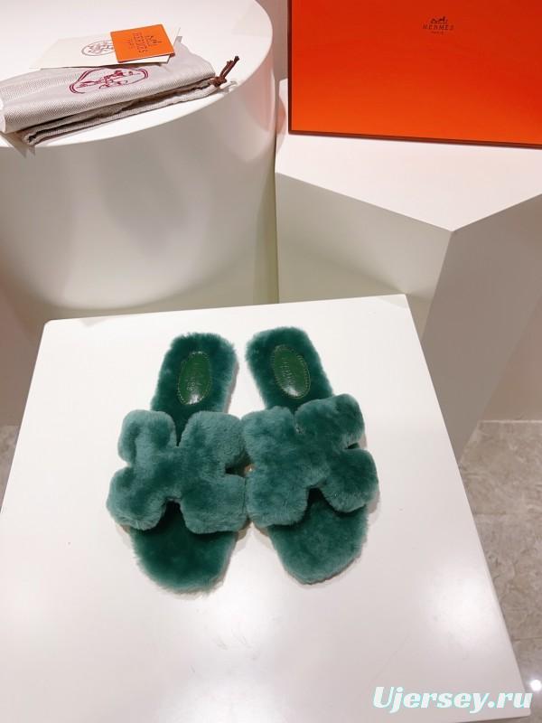 Hermès Teddy Wool H Slippers Flat Sole Fur Slides - LY00240