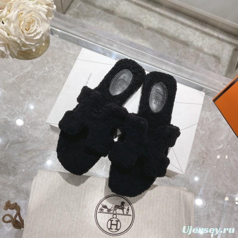 H Teddy Wool H Slippers Flat Sole Autumn Winter - LY00240
