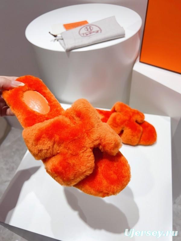 Hermès Teddy Wool H Slippers Flat Sole Fur Slides - LY00240