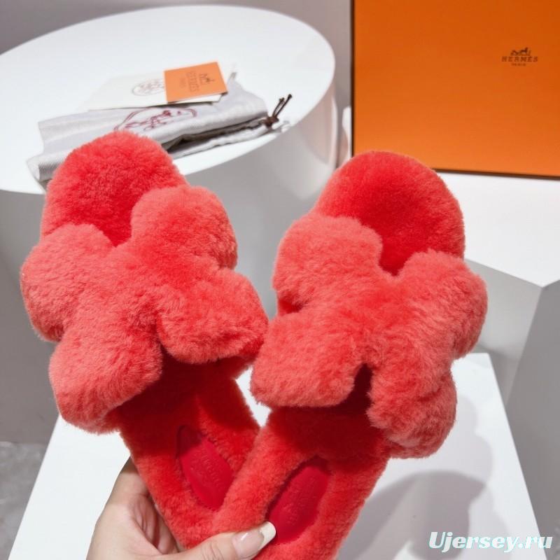 Hermès Teddy Wool H Slippers Flat Sole Fur Slides - LY00240