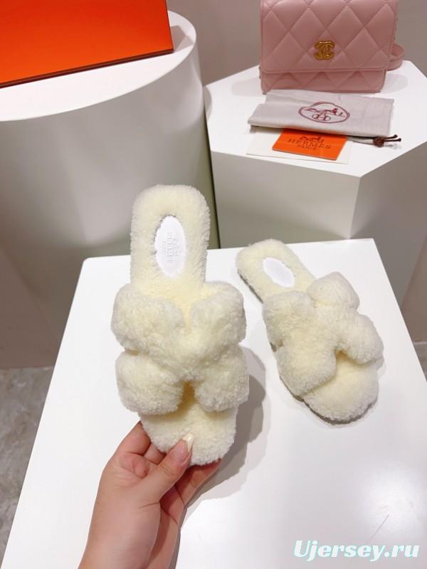 Hermes Teddy Wool H Slippers Flat Fur Slides - LY00240