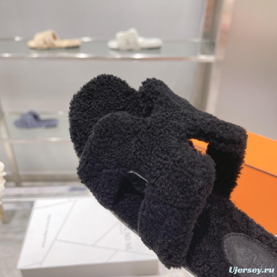 H Teddy Wool H Slippers Flat Sole Autumn Winter - LY00240