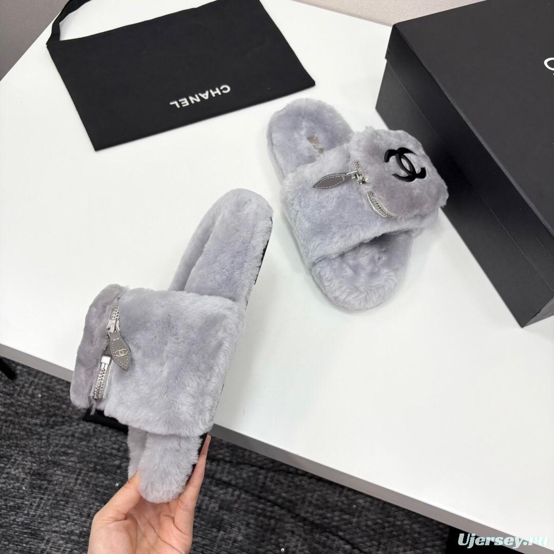 Chanel Fluffy Slippers Latest Color Design with Rubber Sole - LY00270