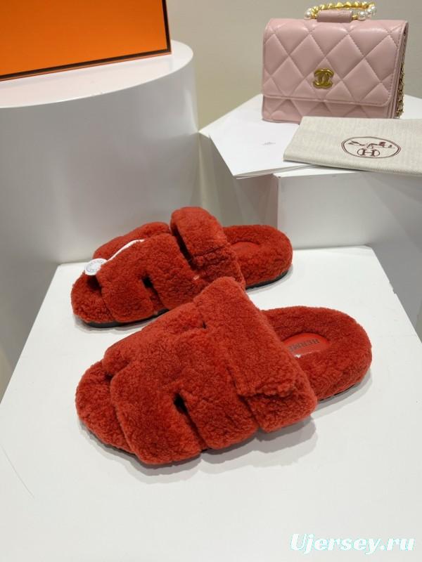 H Love Erjiu Full Wool Slippers with Wavy Fur Design - LY00270