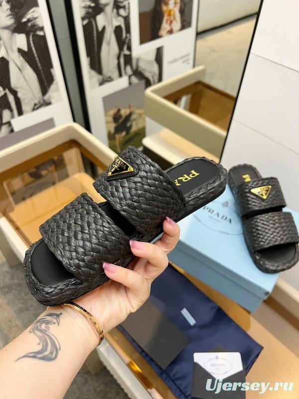 Prada 2025 SS Raffia Handwoven Open-Toe Sandals - KFY00260