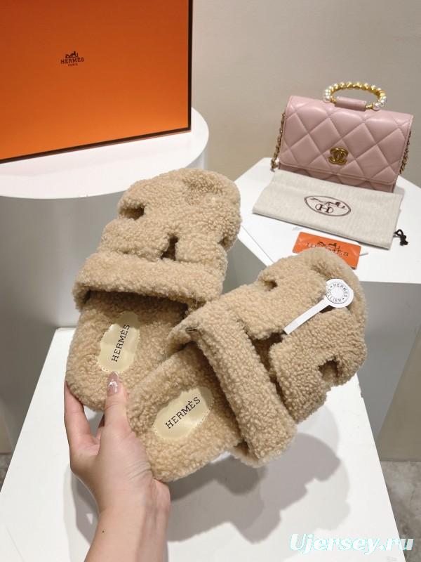 H Full Straight Hair Grain Fur Slippers - LY00300