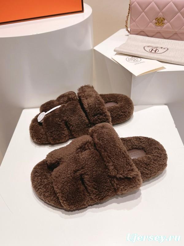 H Love Erjiu Full Wool Slippers with Slightly Curly Wool - LY00270