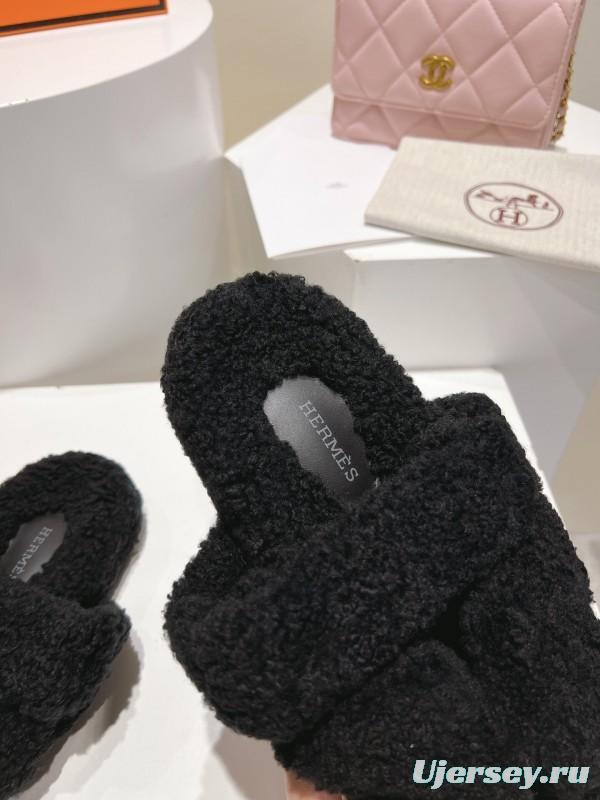 H Love Erjiu Full Wool Slippers with Wavy Fur Design - LY00270