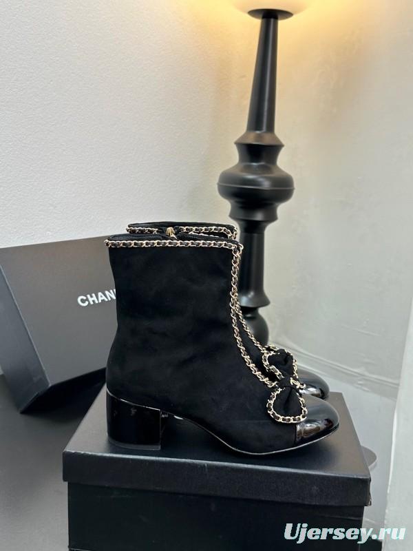 Chanel 2025 SS Chain Bow Chunky Heel Ankle Boots - LY00370