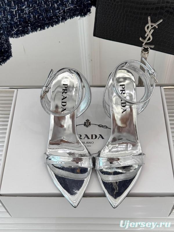 Prada 2025 SS Pointed Toe High Heel Sandals with Triangle Buckle - KFY00280