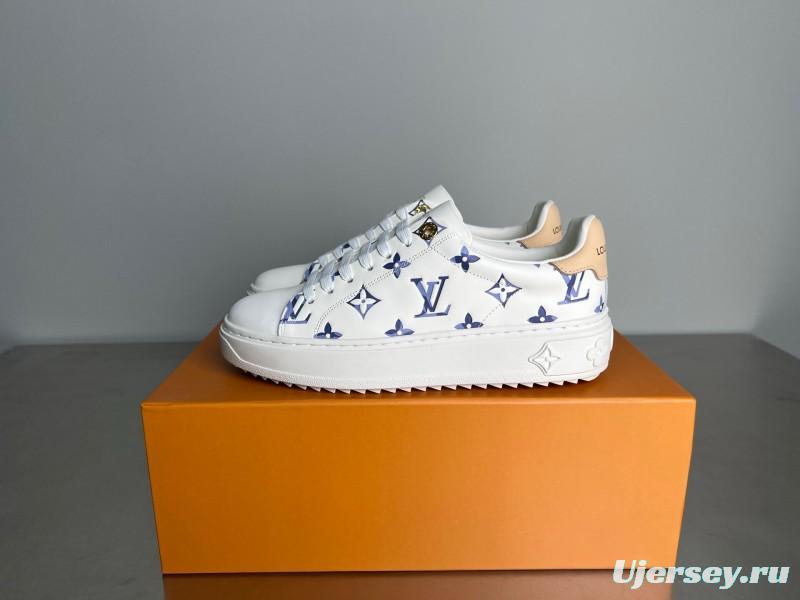 Louis Vuitton Time Out Cherry Blossom Collection Leather Round Toe Flat Low Top Sneakers Women's - YC