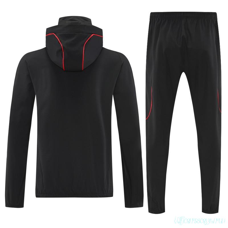 26/27 Adidas Black With Red logo Full Zipper Hooded Jacket Tracksuit + Long Pants