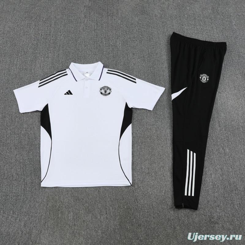 26/27  Manchester United White Polo Training Shirt + Long Pants Tracksuit