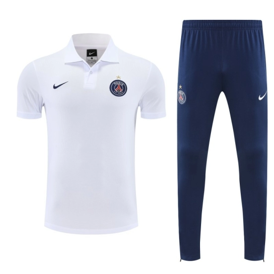 26/27  Paris White Polo Training Shirt +Navy Blue  Long Pants Tracksuit