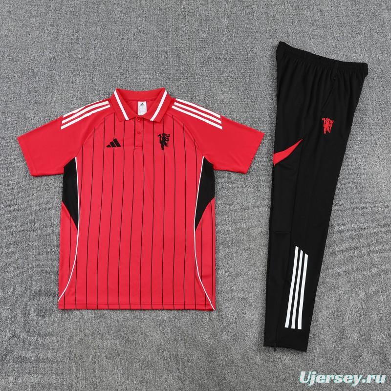 26/27 Manchester United  Red Stripes  Polo Training Shirt + Long Pants Tracksuit