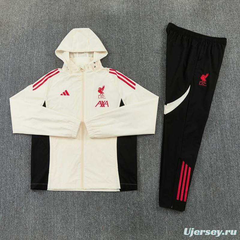 26/27 Liverpool Cream Full Zipper Hooded Jacket Tracksuit + Black Long Pants