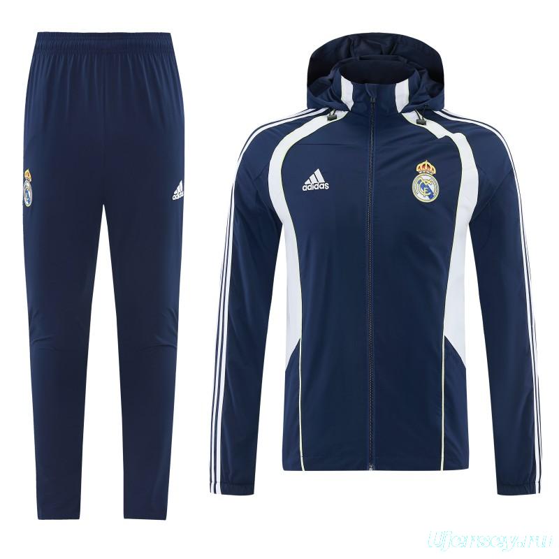 26/27 Real Madrid Navy Blue Full Zipper Hooded Windbreaker Tracksuit + Long Pants