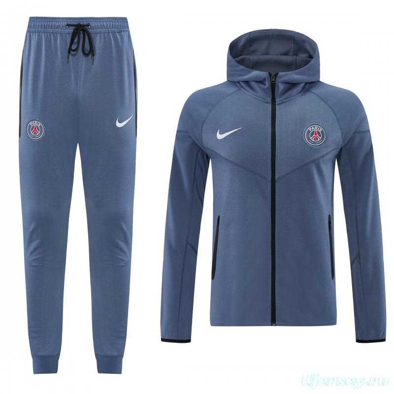 26/27  Paris Saint-Germain Steel Blue Full Zipper Hooded Jacket Tracksuit + Long Pants