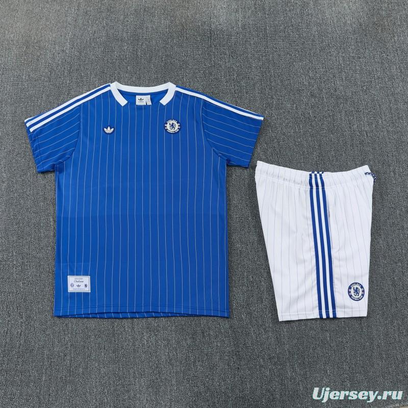 26/27 Chelsea FC  Blue  Stripes Short Sleeve+ White Soccer Shorts