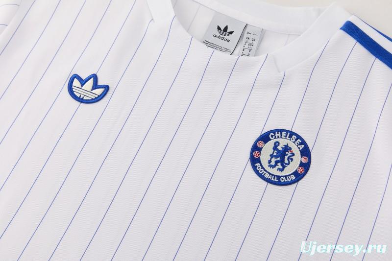 26/27 Chelsea FC White Stripes Short Sleeve+Blue Soccer Shorts