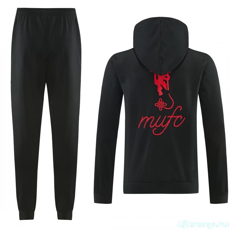 26/27 Manchester United Black Pullover Hooded Tracksuit + Long Pants