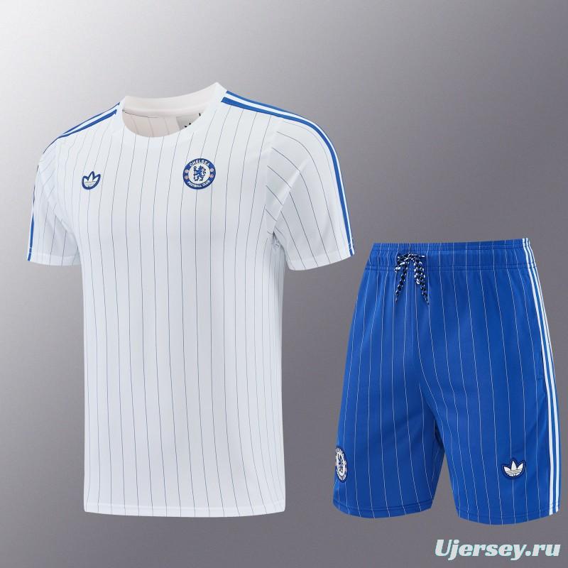 26/27 Chelsea FC White Stripes Short Sleeve+Blue Soccer Shorts
