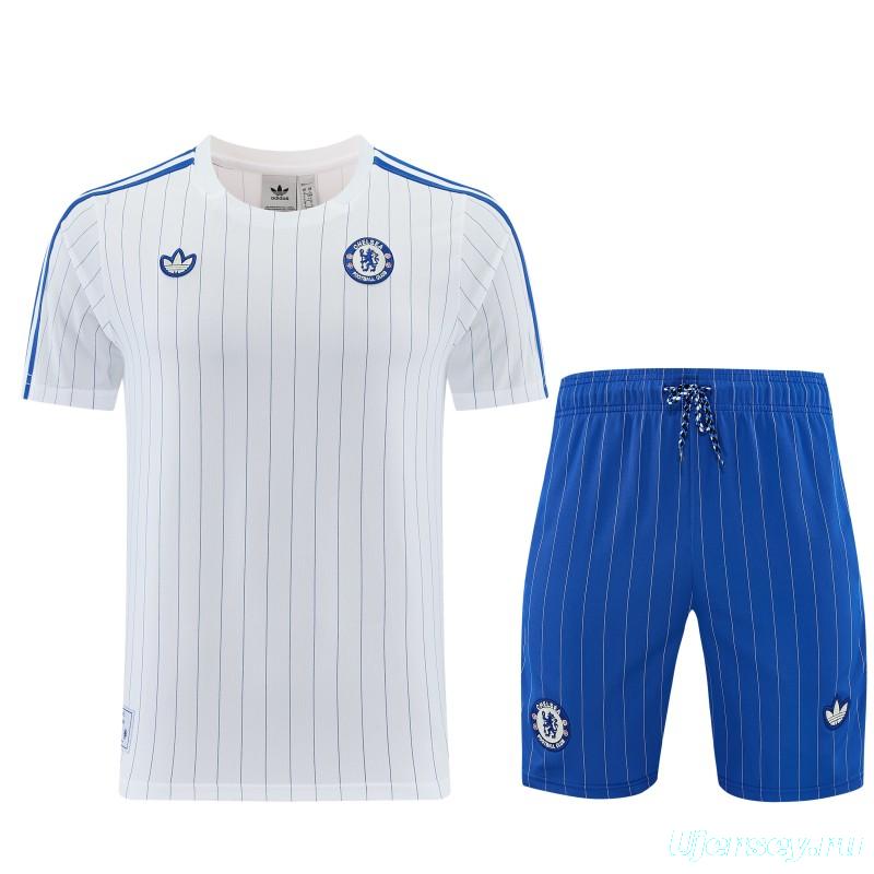 26/27 Chelsea FC White Stripes Short Sleeve+Blue Soccer Shorts