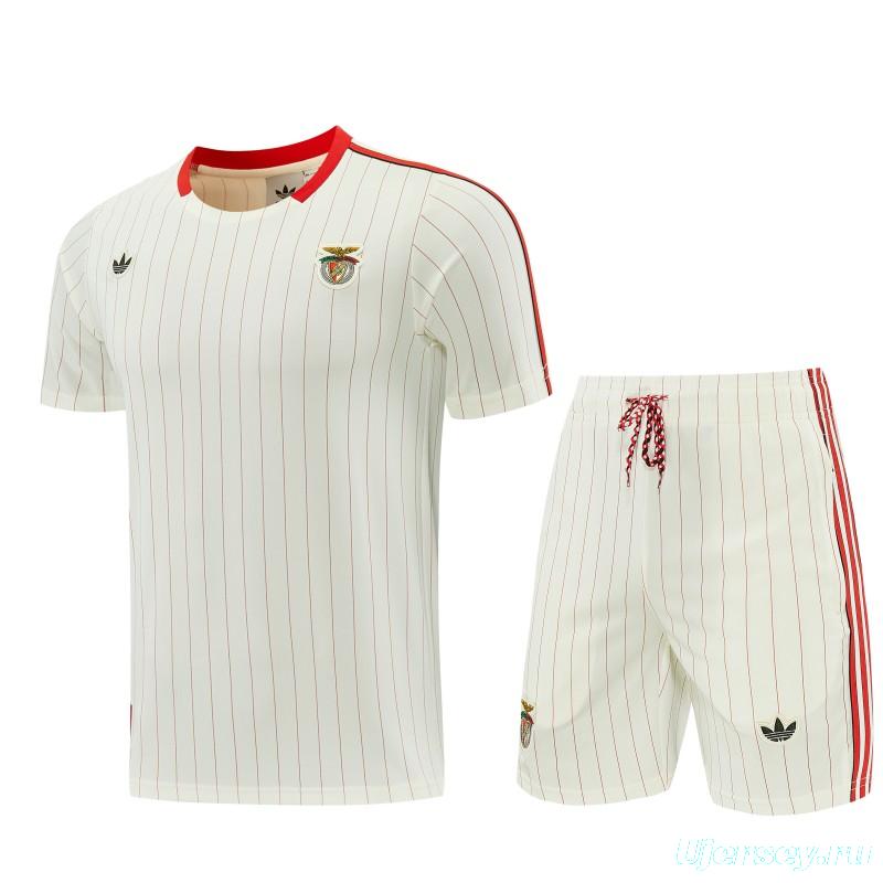 26/27 Benfica × Adidas Originals Off-White Pinstripe Short Sleeve+Soccer Shorts