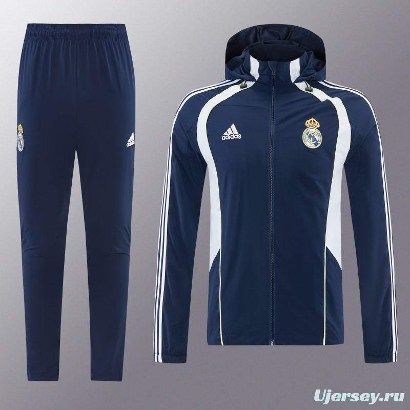26/27 Real Madrid Navy Blue Full Zipper Hooded Windbreaker Tracksuit + Long Pants