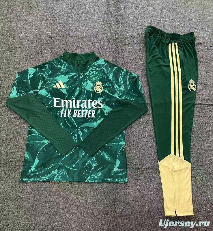 2026 Kids Real Madrid Dark Green Camouflage  Half Zipper Jacket Tracksuit + Long Pants (Adidas)