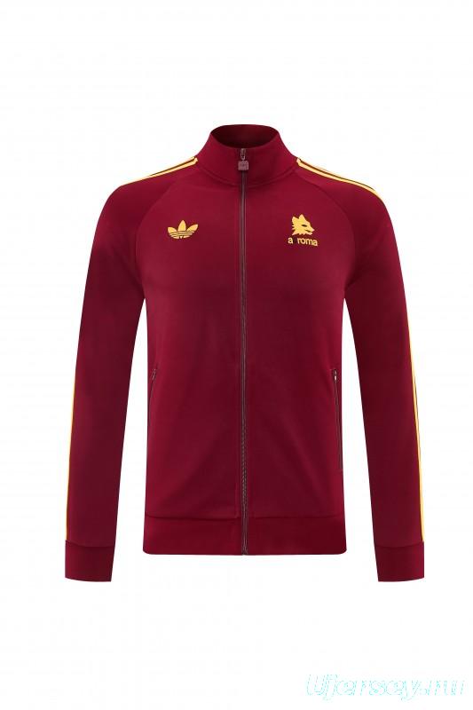 2026/27 AS Roma Burgundy & Gold Full Zipper Jacket Tracksuit +Black  Long Pants
