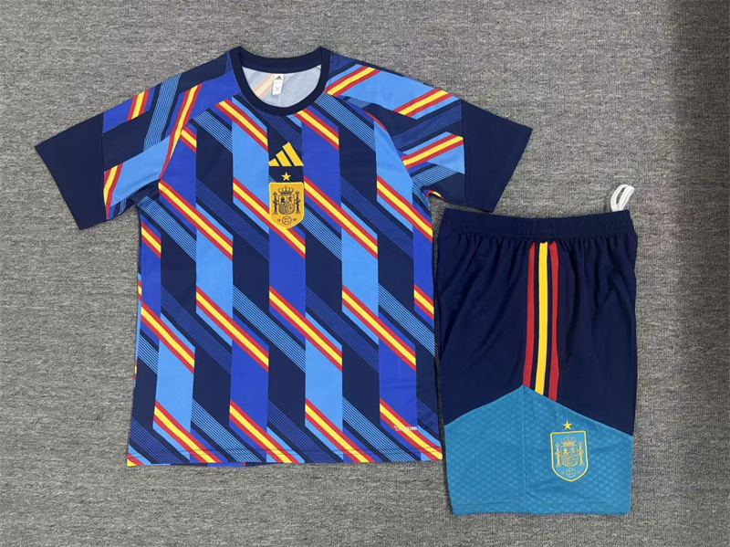 2026 Kids Spain Navy Blue Multi-Color Diagonal Stripe Short Sleeve+Soccer Shorts