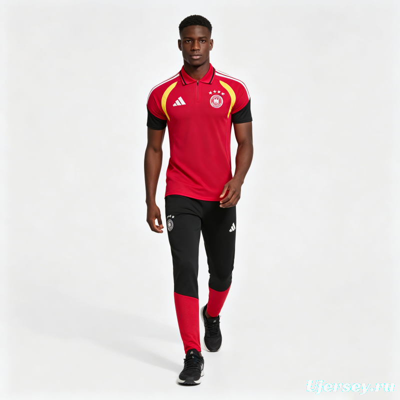 2026 German Red & Black Half-Zip Polo Short Sleeve Tracksuit + Long Pants
