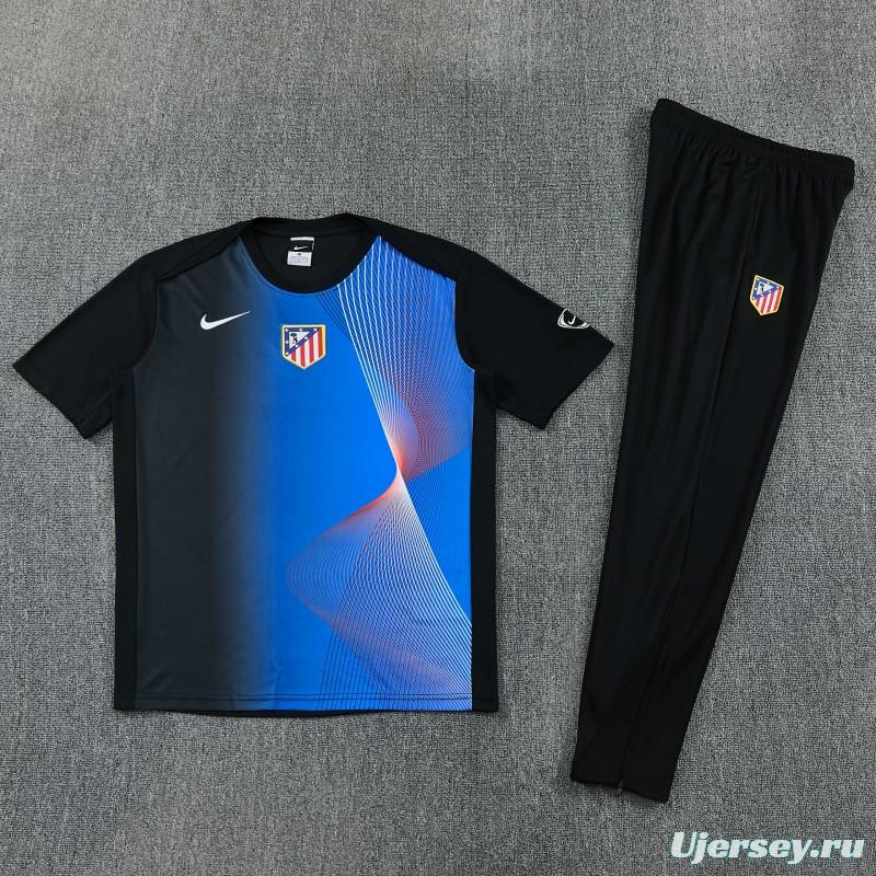 26/27 Atlético de Madrid Black & Blue with Fluid Wave  Print Short Sleeve Tracksuit + Black Long Pants