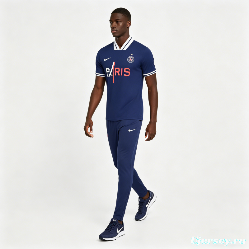 26/27 Paris Saint-Germain Navy Blue with "PARIS" Eiffel Tower Short Sleeve Tracksuit + Long Pants
