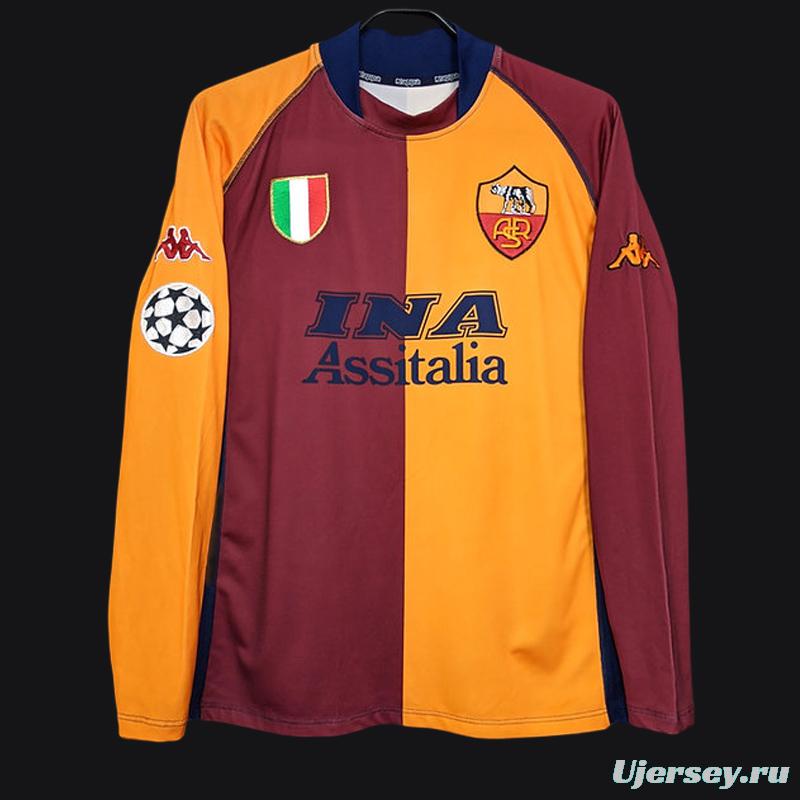 Retro 00/01 AS Roma Home Long Sleeve Jersey With Champion Patches