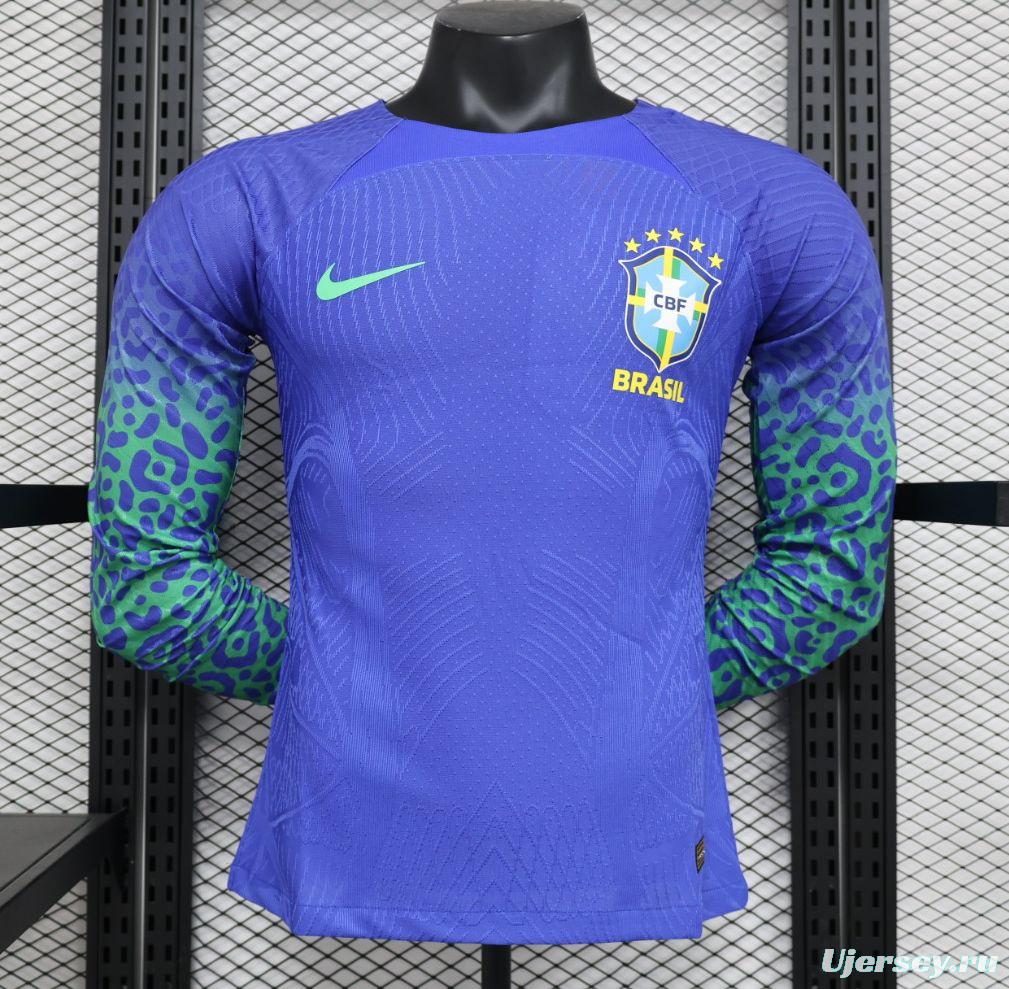 Player Version 2022 Brazil Away Blue Long Sleeve Jersey