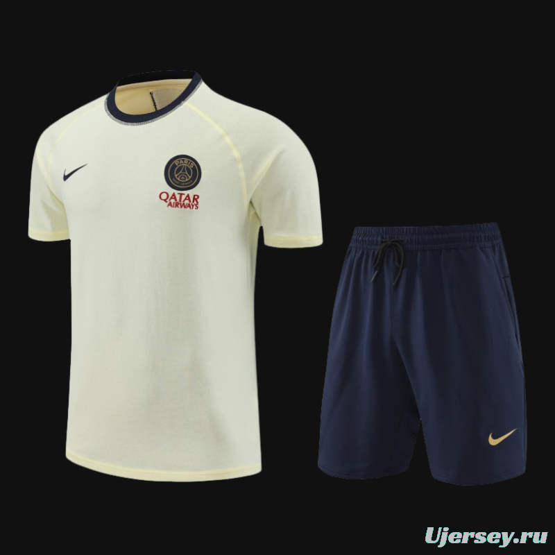 23/24 PSG Light Yellow Cotton Short Sleeve Jersey+Shorts