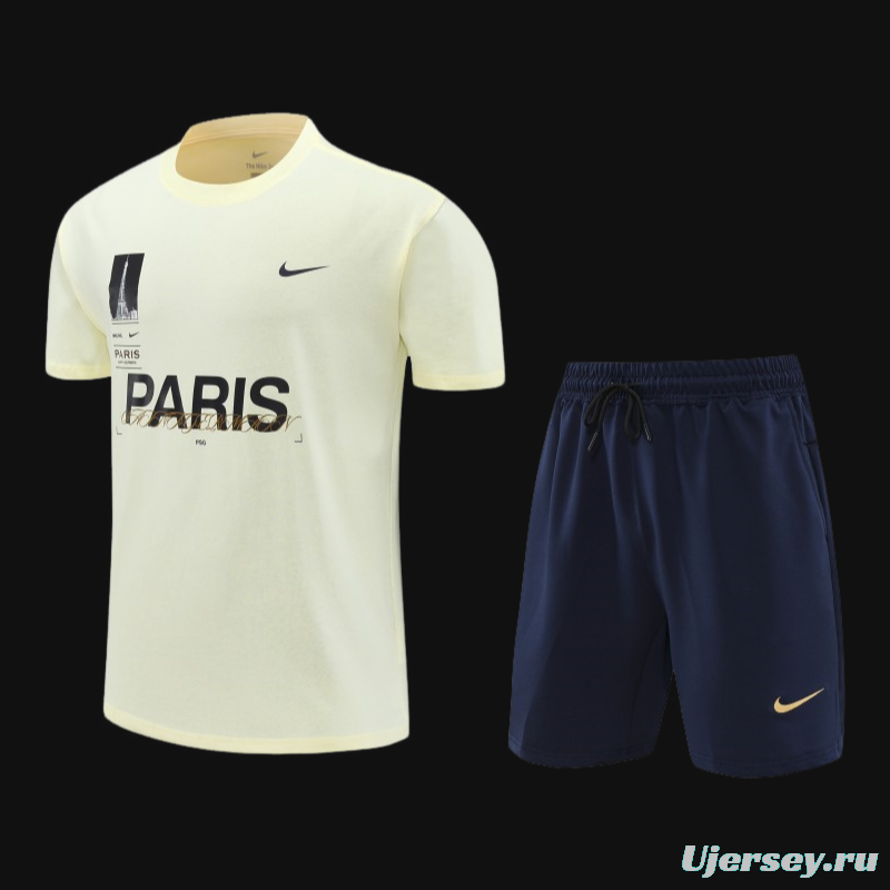 23/24 PSG Light Yellow Cotton Short Sleeve Jersey+Shorts