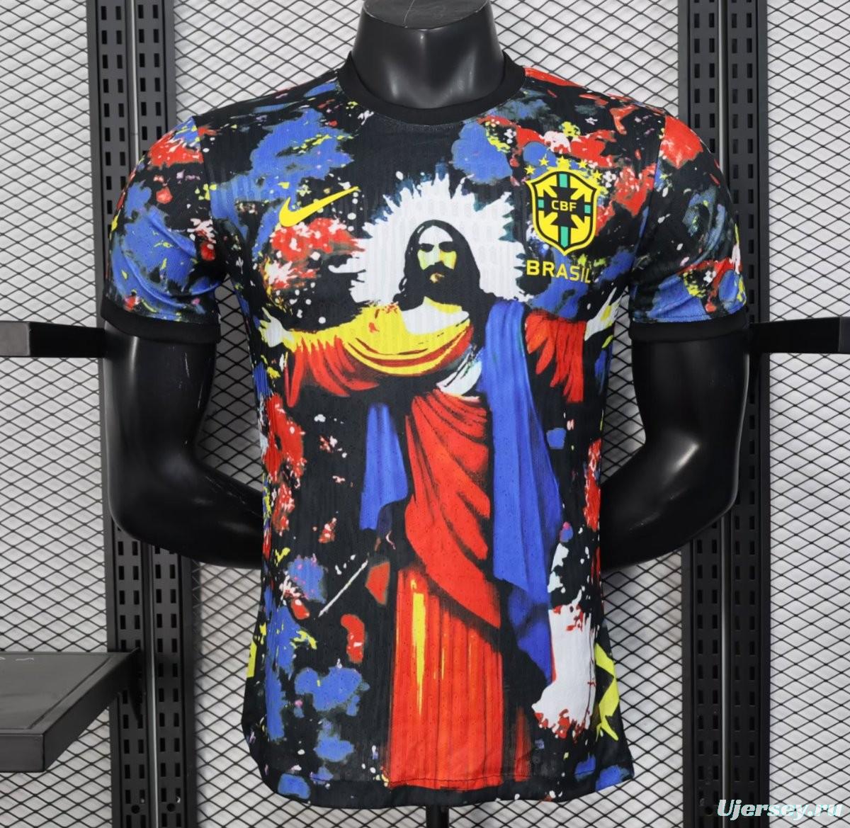 Player Version 2025 Brazil Black with Jesus Christ Artwork Jersey