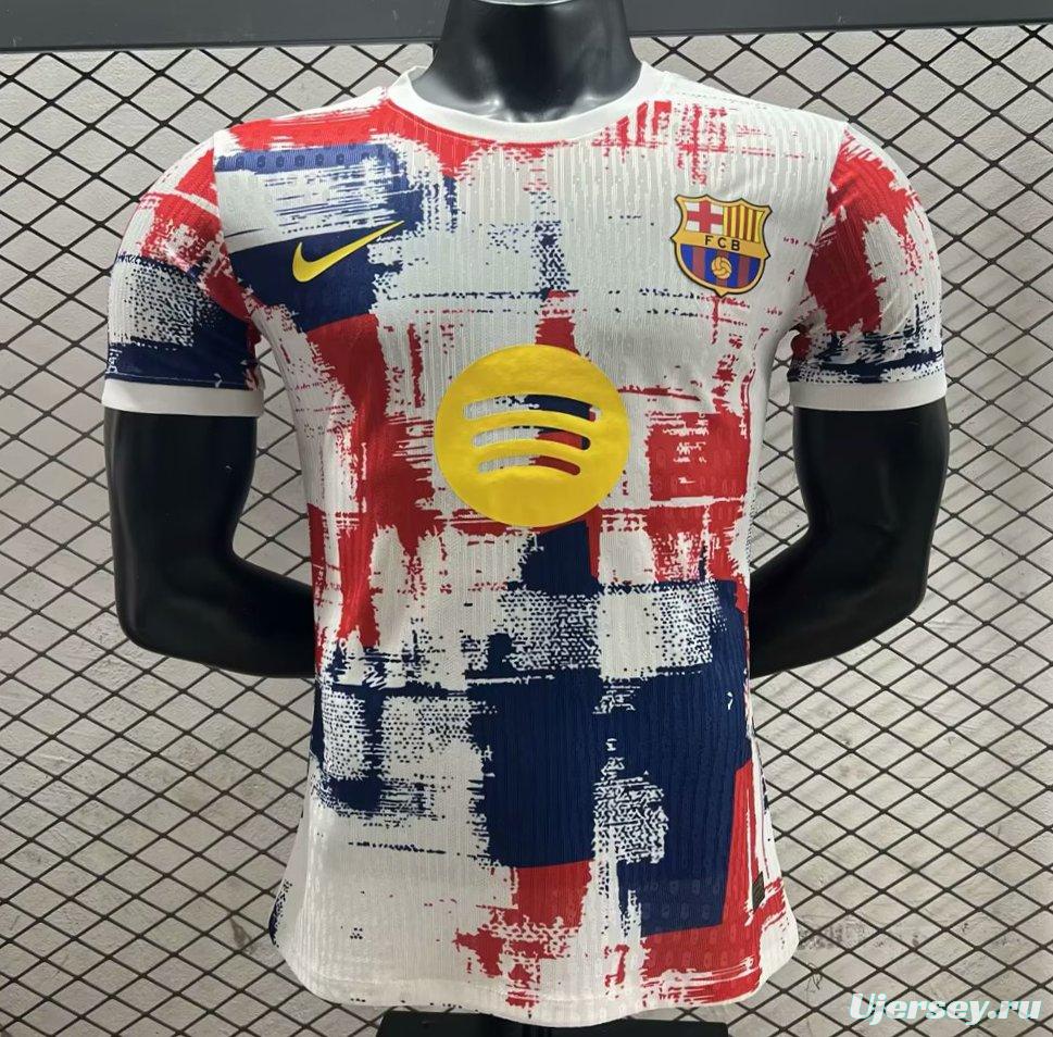 Player Version 25/26 FC Barcelona White with Red & Blue Brushstroke Pattern Jersey